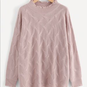 Ripped Neckline Textured Sweater